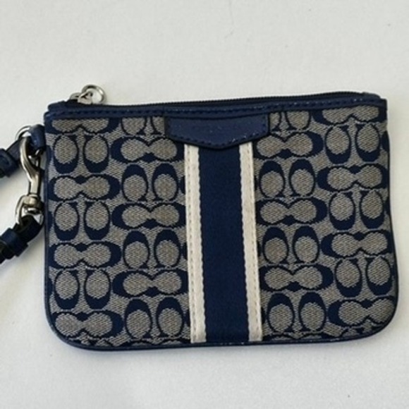 Coach Handbags - Coach Signature Monogram Navy Blue Stripe Canvas Wristlet Wallet Pouch - Read